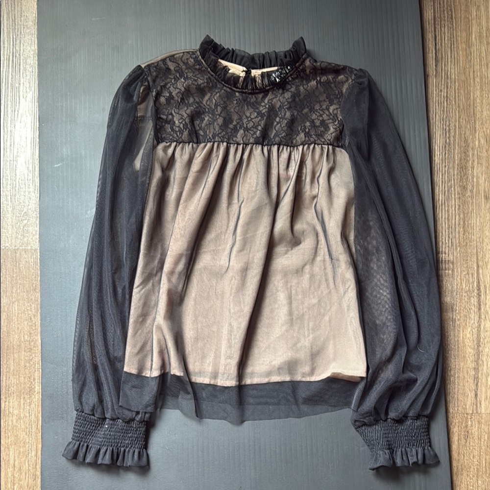 Elegant Black and Tan Lace Blouse